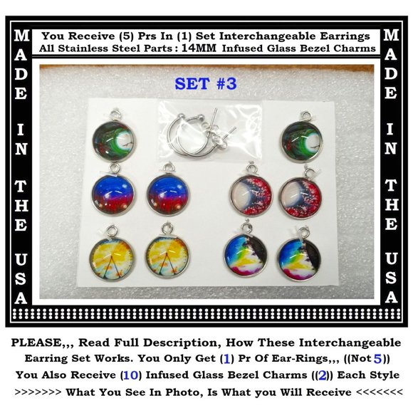 5/$20 Funky Art Party Fun Colorful Interchangeable Charm Earrings-5 Pairs in Set - Picture 3 of 6
